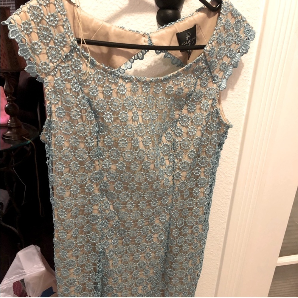 🖤5/$25 Adriana Papell Lace chrochet dress open back blue sea foam trim detail NW - Picture 4 of 16